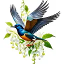 bird flying with hawthorn and lily of the valley flowers tattoo design idea