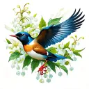 bird flying with hawthorn and lily of the valley flowers tattoo design idea