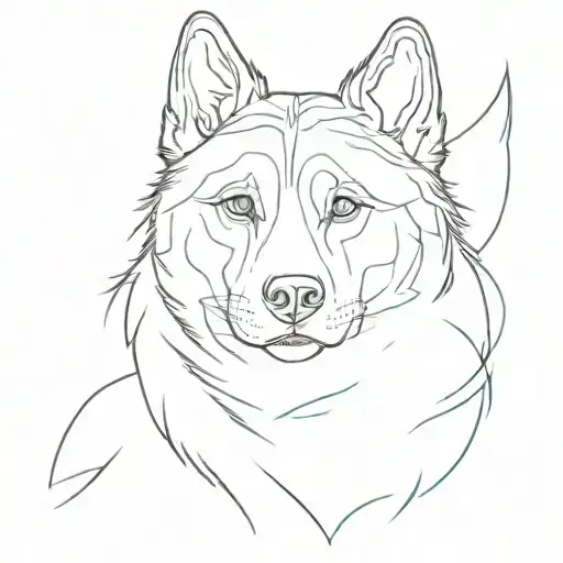 design a fine line tattoo of husky, only the outline of the husky in black and then just the eyes in bright blue tattoo design idea