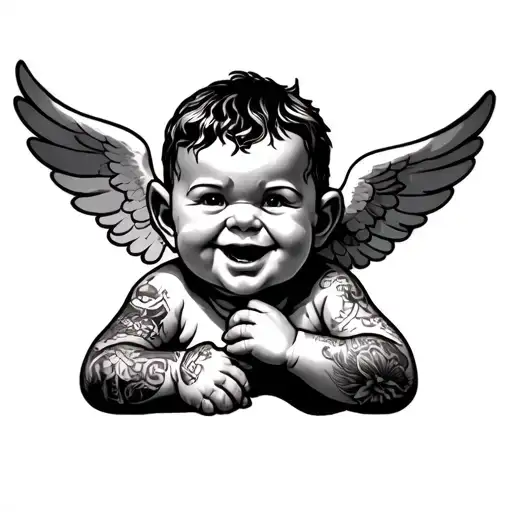 gangster looking cherub with teardop tattoo and tattoo sleeves give him a smirk. have him positioned with his legs under tattoo design idea