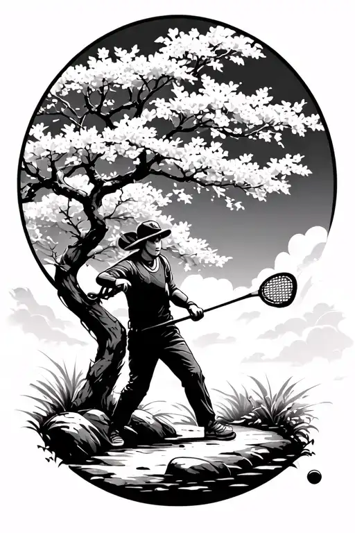 disc golf disc catcher in Japanese garden with a cherry blossom tree in the background  tattoo design idea