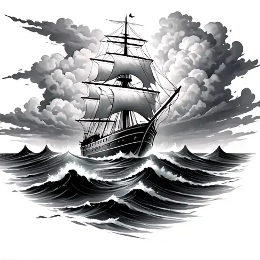 ship in stormy sea with posiedon coming out of the clouds in the sky tattoo design idea