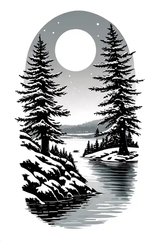 mid century outdoor setting water Sun snow tattoo design idea