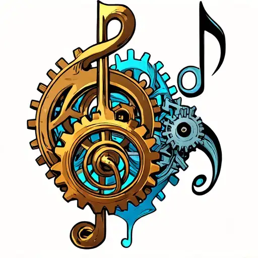 A neotraditional tattoo of musical notes intertwined with gears and machinery, symbolizing the client's love for music and construction work tattoo design idea