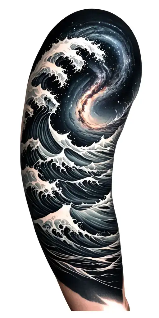 Realistic galaxy morphing into stormy waves, full sleeve in black and grey, dark and fluid vibe tattoo design idea