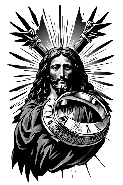 Jesus INRI, a watch, rays of sunlight, 2 wedding rings tattoo design idea