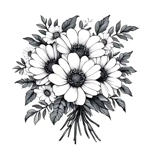 birth month flower bouquet august, July, and february tattoo design idea