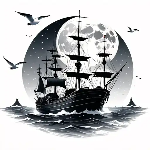 simple grey ships passing into the west with a pale moon rising and white gulls calling tattoo design idea