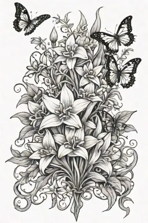 spine tattoo of daffodils on vines with a crown, butterflies, and the Roman numerals 2007  tattoo design idea