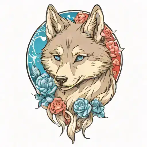happy wolf puppy with blue eyes surrounded tattoo design idea
