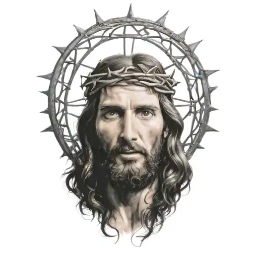 Hyper realistic portrait of Jesus Christ with a crown of thorns  tattoo design idea