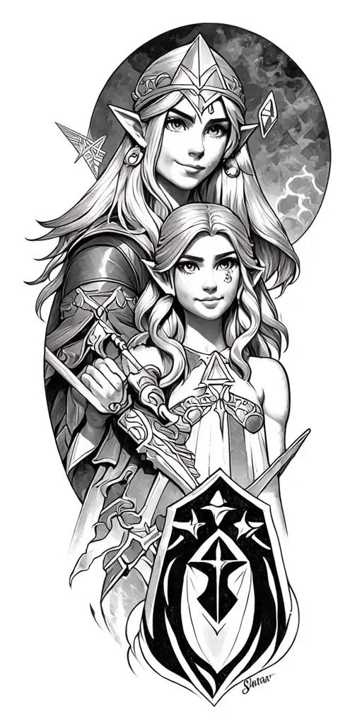 link and princess zelda and triforce tattoo design idea
