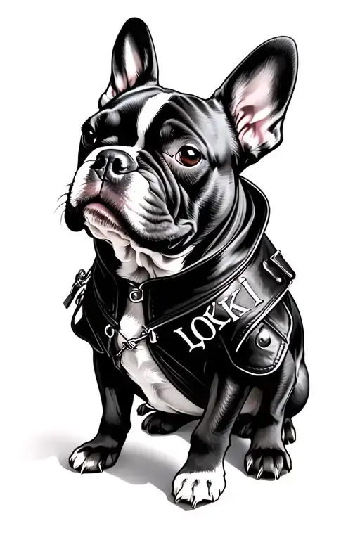 french bulldog wearing leather vest with prinzed name "Loki" on it tattoo design idea