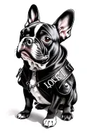 french bulldog wearing leather vest with prinzed name "Loki" on it tattoo design idea