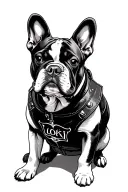 french bulldog wearing leather vest with prinzed name "Loki" on it tattoo design idea