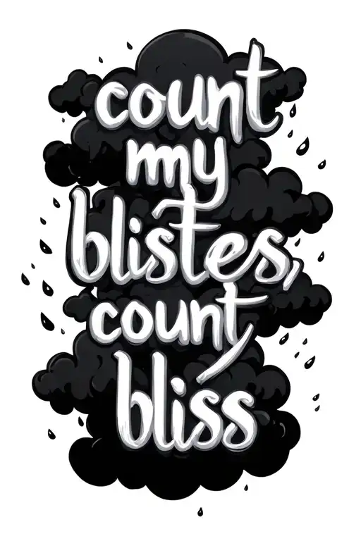 the words "count my blisters, count my bliss" with black clouds around them and blood droplets on the word "blisters" tattoo design idea