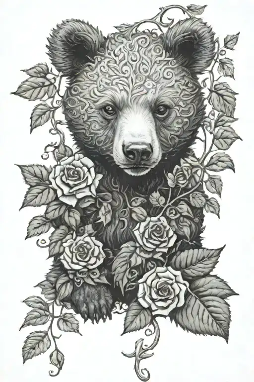 ivy vines rose bear cub realistic black and grey tattoo design idea
