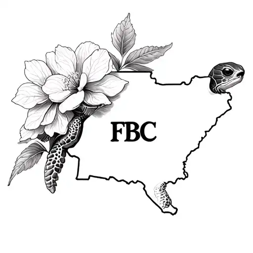 slider turtle with a dogwood blossom behind it, and a SC state outline with FBC in center tattoo design idea