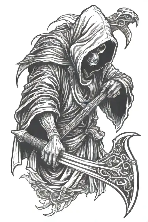 hooded reaper, scythe in one hand and other hand out for a hand shake tattoo design idea