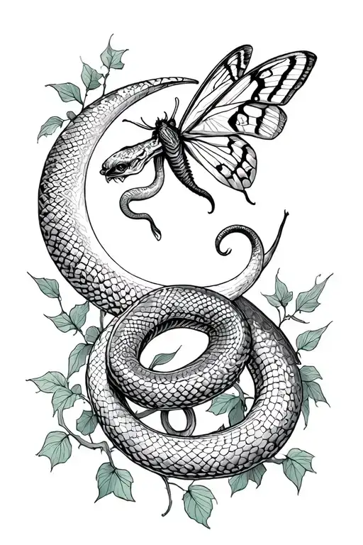 snake wrapped around moon, ivy, moth tattoo design idea