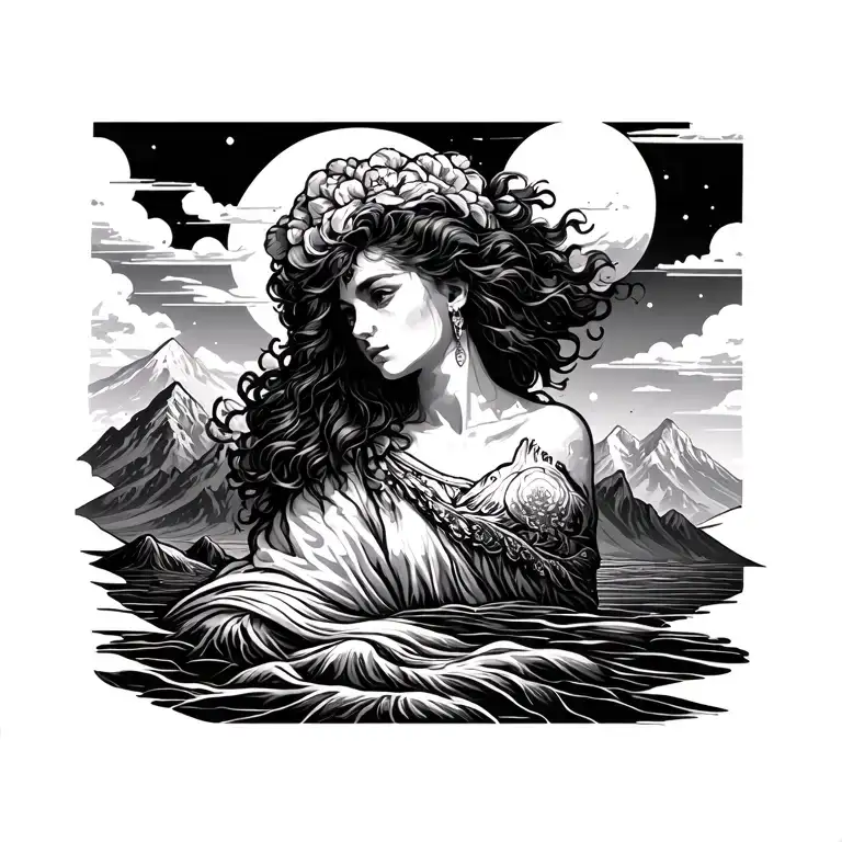 gemini with mountain background black and white tattoo design idea