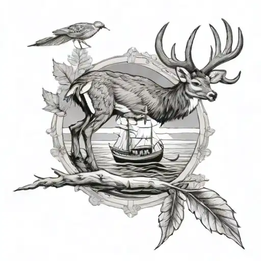 whitetail deer Turkey and boat  tattoo design idea