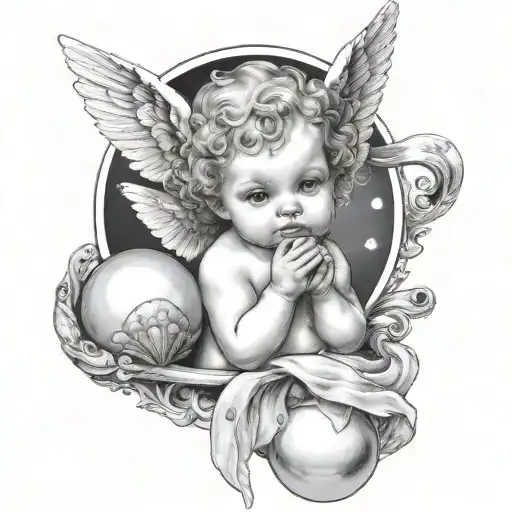 A baby angel with two horns above her head ,holding a diamond a shell which has a pearl in it  tattoo design idea