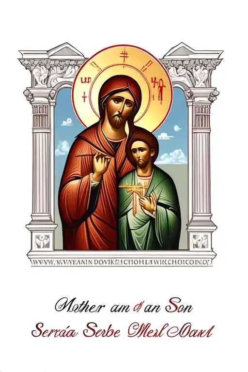 Serbia, Orthodox church  Mother an Son outside  tattoo design idea