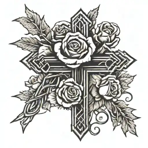 barbed wire cross and roses blooming tattoo design idea
