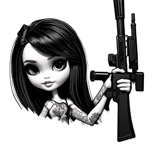 Bratz doll girl long hair holding a sniper rifle tattoo design idea