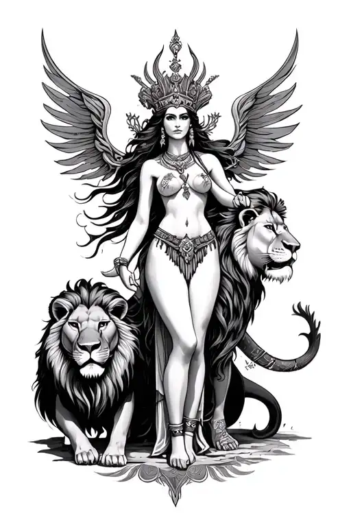 Ishtar goddess full body and lions tattoo design idea
