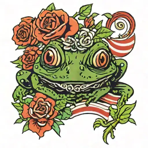 puerto rican flag  Taino Coqui Frog With rose bouquet wrapped tattoo design idea