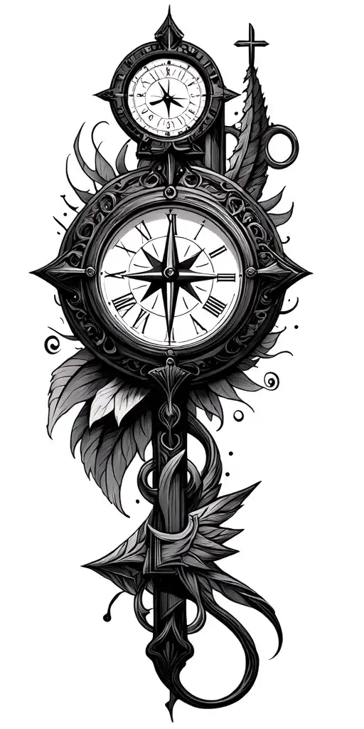 clock and compass and cross tattoo tattoo design idea