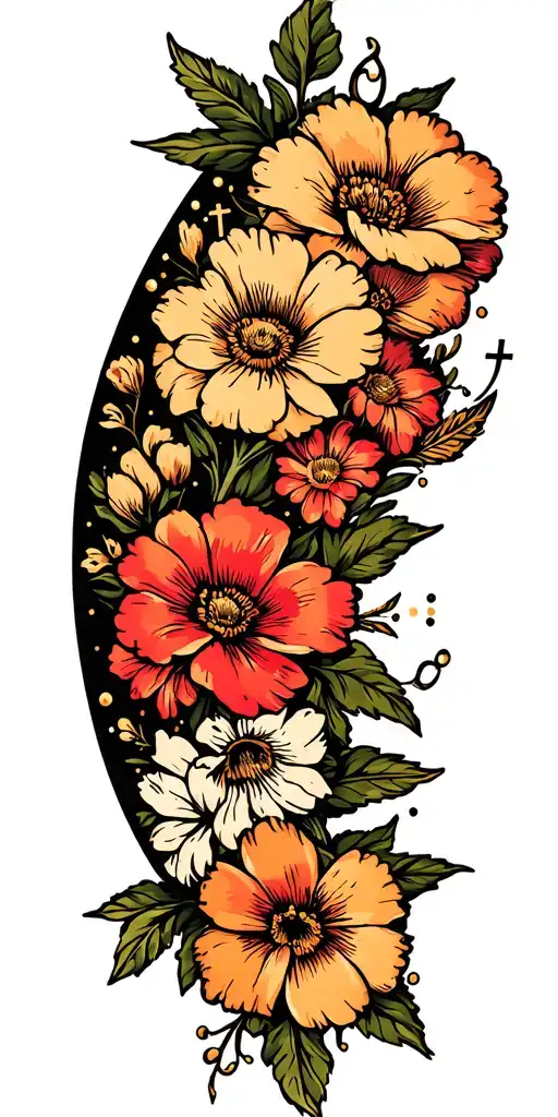 sailor Jerry floral sleeve. detailed flowers. negative space with small twinkles and gold cross embellishments  tattoo design idea
