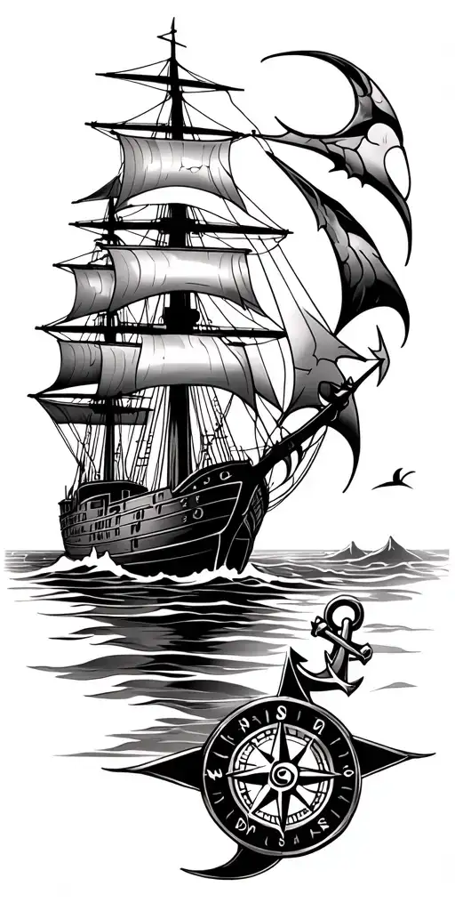 ship sailing through a sea with a compass rose and anchor and map grids tattoo design idea