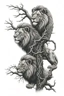 lions and oak tree branch tattoo design idea