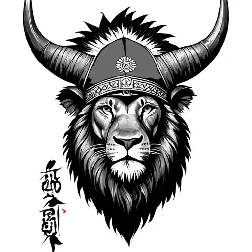 lion with an Indian cap with bison horns tattoo design idea