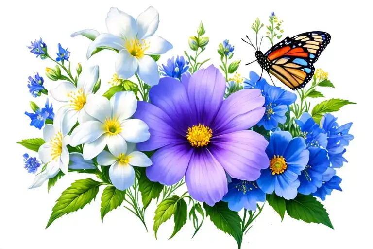 primrose, jonquil, larkspur, cosmos paperwhite flower and butterfly tattoo design idea