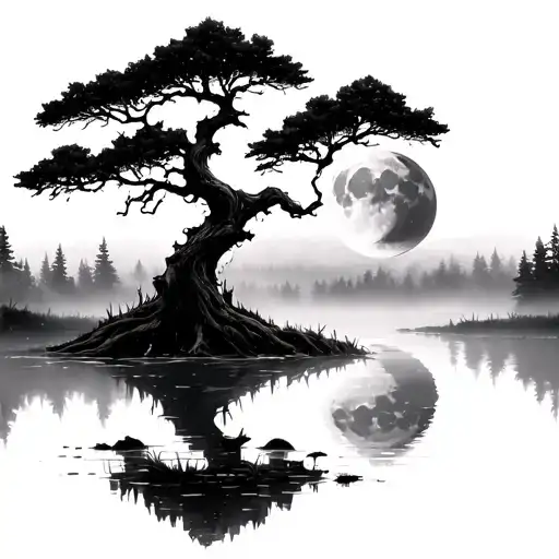 cypress tree in foggy swamp with cresent moon tattoo design idea