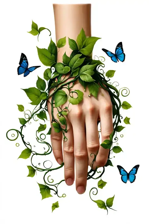 vines wrapping around hand with leaves falling and butterflies fluttering tattoo design idea