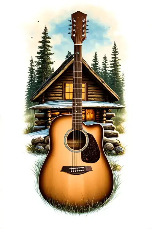 accoustic guitar surrounded by log cabin scene inside tattoo design idea