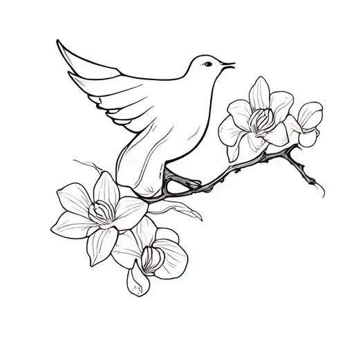 Dove placed on an orchid branch with 3 flowers tattoo design idea