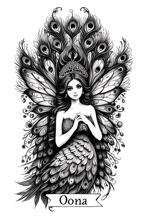 peacock fairy with name Oona included into the design tattoo design idea