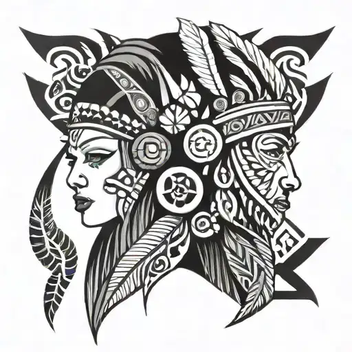 Native American women black and grey neo japanese tattoo design idea