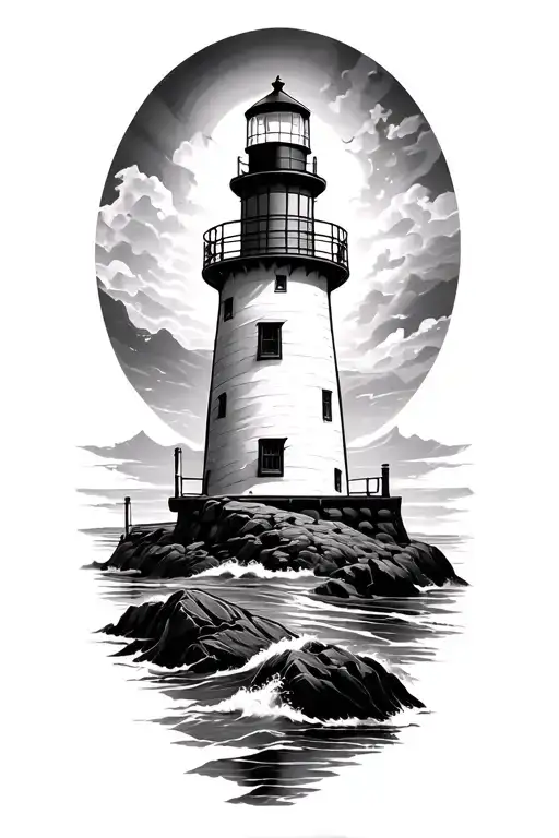 create a visual of an upper arm tattoo with these specifications: upper arm tattoo of a lighthouse, 6-7 inches tall, sle tattoo design idea