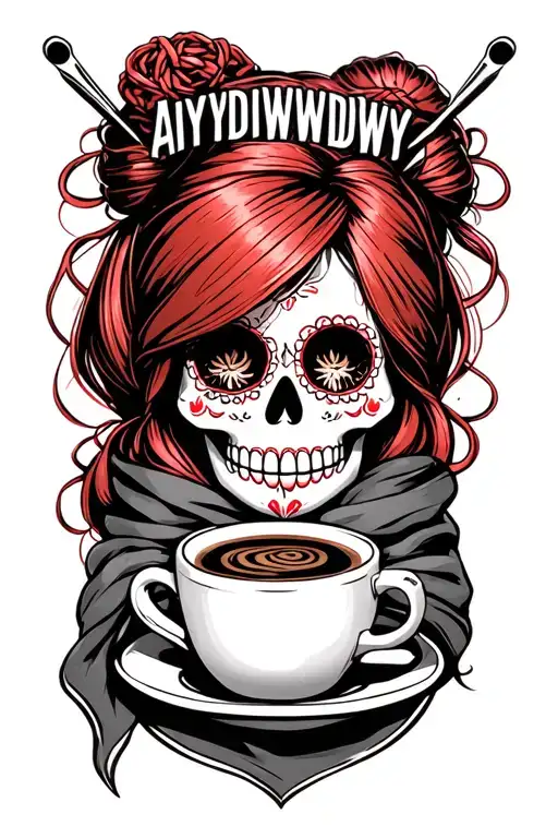 "AIYDIWDWY" "AIYDIWDWY" sugar skull with red hair in a bun with crochet hooks, wearing a hair scarf holding a steaming coffee tattoo design idea