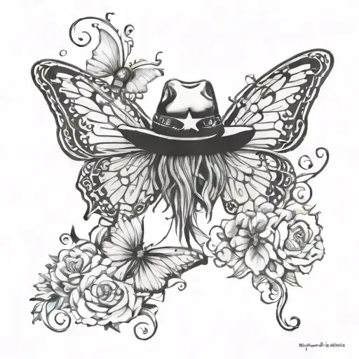 design me a tattoo with these elemnets a bytterfly, the maltese cresent, cowboy hat, a small heart, XOXO, I love you mor tattoo design idea
