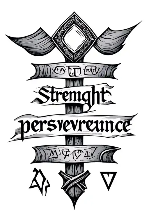 Nordic Stave with text: strenght perseverance. Elder futhark tattoo design idea