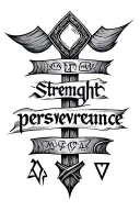 Nordic Stave with text: strenght perseverance. Elder futhark tattoo design idea