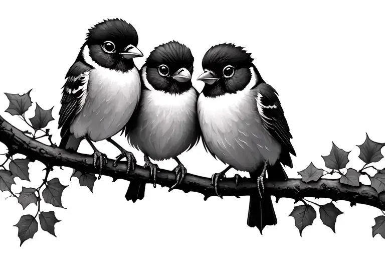 3 fluffy birds on ivy branch facing each orher tattoo design idea
